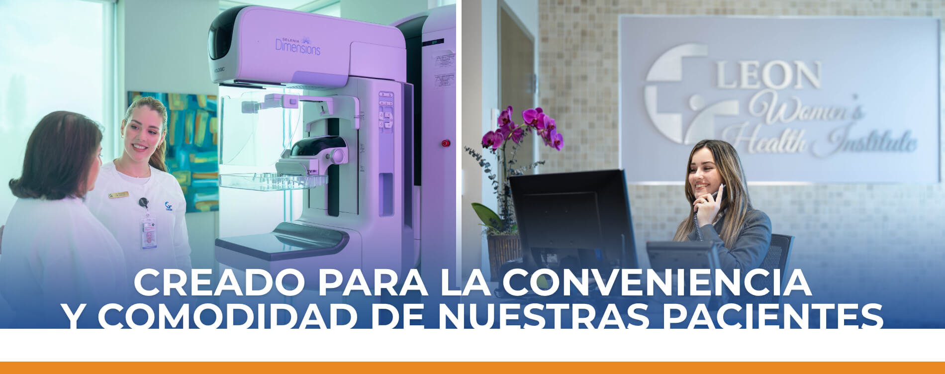 The left side of the image shows two women in front of a mammogram machine.  On the right side, a woman is shown in front of a computer answering a phone call.