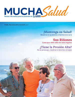 Cover of the Summer 2024 - MuchaSalud magazine, there are two older couple talking and a beach in the background